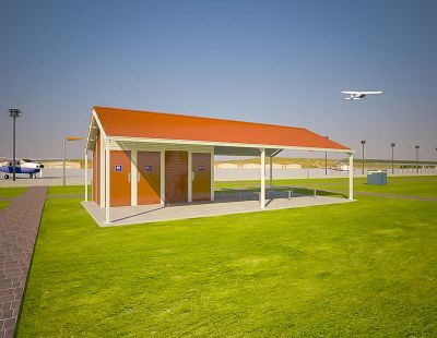 Olympus 3 Shelter Toilet Building with Manor Red and Surf Mist colour scheme